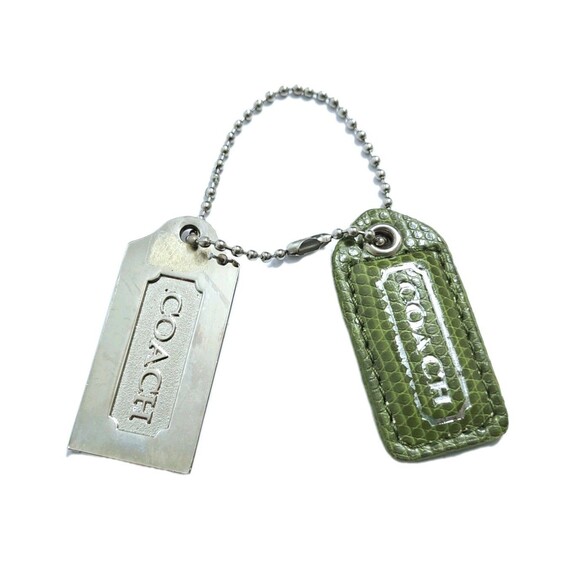 Coach Green Leather Snakeskin Crocodile Silver Chrome Tag Keychain Fob Set Of 2 - Picture 1 of 3